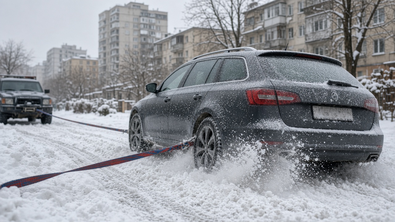 Автомобиль застрял в снегу во дворе, колёса пробуксовывают в колее