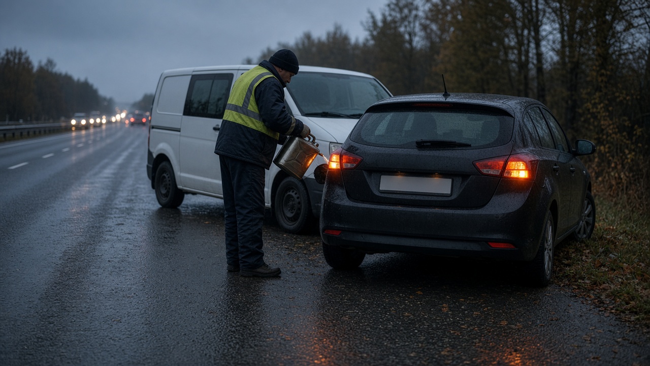 Подвоз топлива к остановившемуся автомобилю на дороге